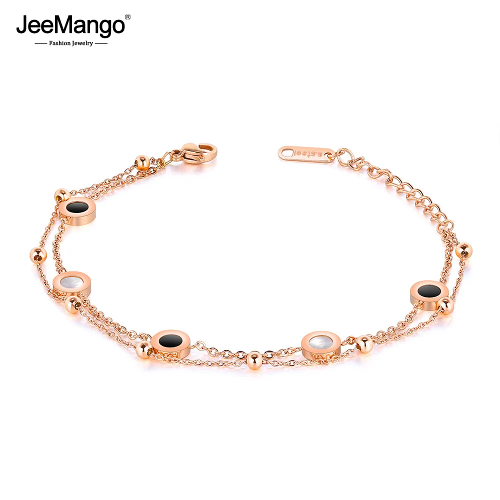 JeeMango Classic Double-sided Black/White Shell Chain& Link Bracelets Jewelry Titanium Steel Charm Bracelets For Women JB18090