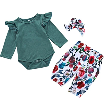 

Toddler Infant Newborn Baby's Girls Sets Round Neck Long Sleeve Romper Bodysuit + Floral Trousers + Hair Band Girls Clothing Set