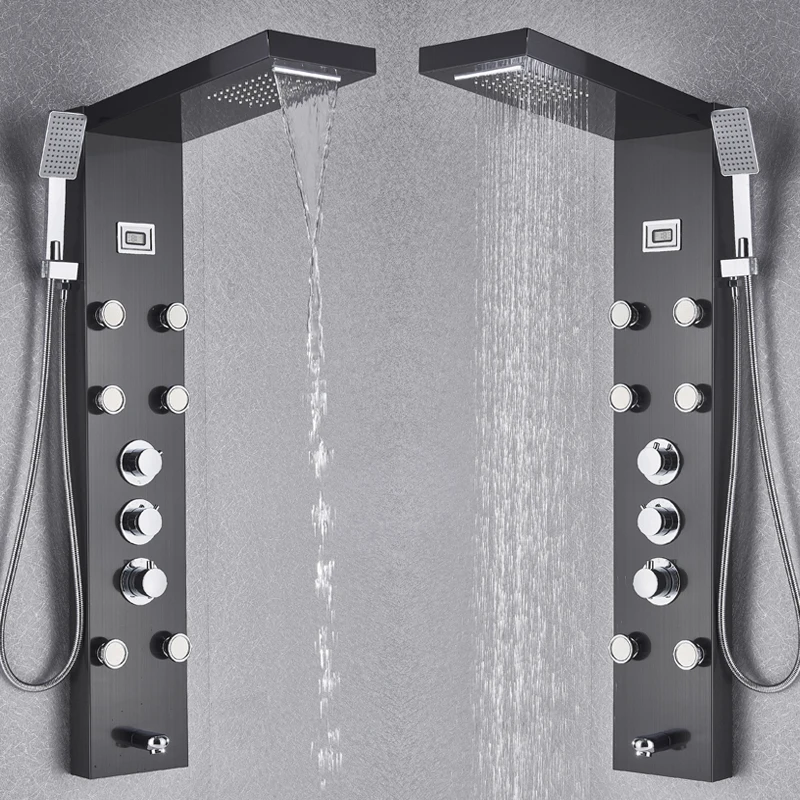 Черная ванна душ Термостатический смеситель Душевая панель дождевой водопад массажные струи душевая Колонка душевой кран башня душевой набор