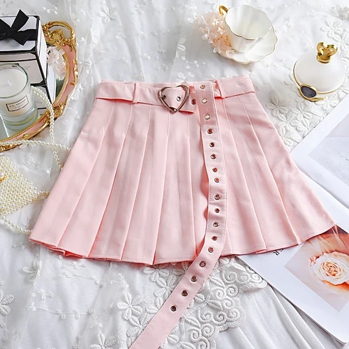 New Summer Women Pleated Skirt High Waisted Heart Shape Sashes Women Pleated Short Skirt High Quality - Цвет: Розовый