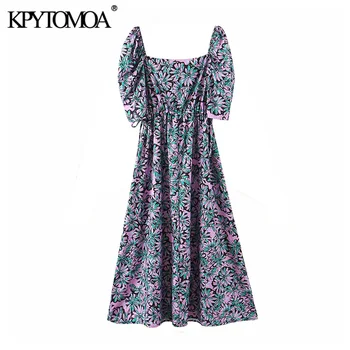

KPYTOMOA Women 2020 Chic Fashion Floral Print Midi Dress Vintage Square Collar Short Sleeve Adjustable Tied Female Dresses Mujer