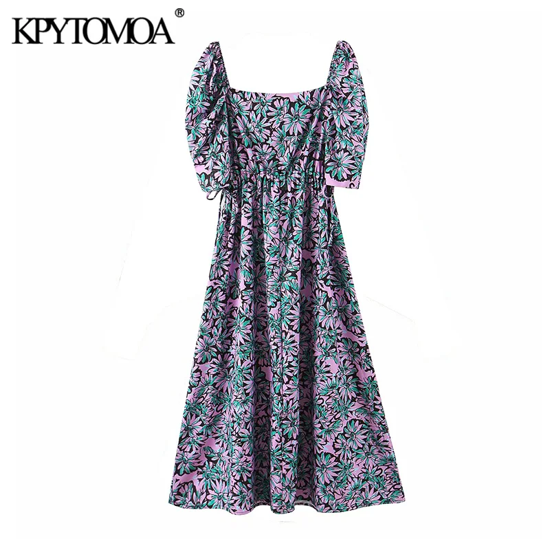 KPYTOMOA Women 2020 Chic Fashion Floral Print Midi Dress Vintage Square Collar Short Sleeve Adjustable Tied Female Dresses Mujer KPYTOMOA Women 2020 Chic Fashion Floral Print Midi Dress Vintage Square Collar Short Sleeve Adjustable Tied Female Dresses Mujer