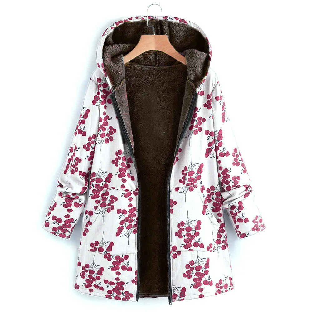 Плюшевое пальто, верхняя ветровка с капюшоном и карманами, Женская куртка большого размера с цветочным принтом, теплая зимняя женская куртка, ВИНТАЖНЫЕ пальто