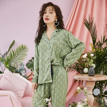 

New Pajamas for Women Home Service 2020 Satin Chiffon Sexy Pajamas Summer Thin Section Long-sleeved Love Pattern Women's Suit