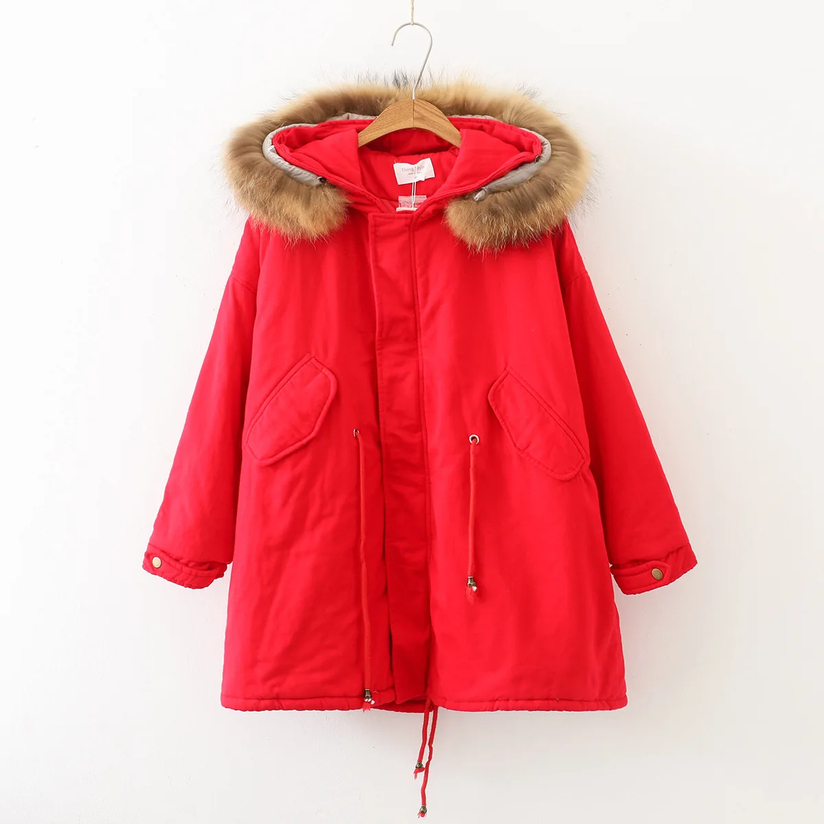 

Winter Mid-length Cotton Coat Women's New Style Solid Color Hooded Fur Collar Thick Cotton-padded Clothes Loose-Fit Coat Winter