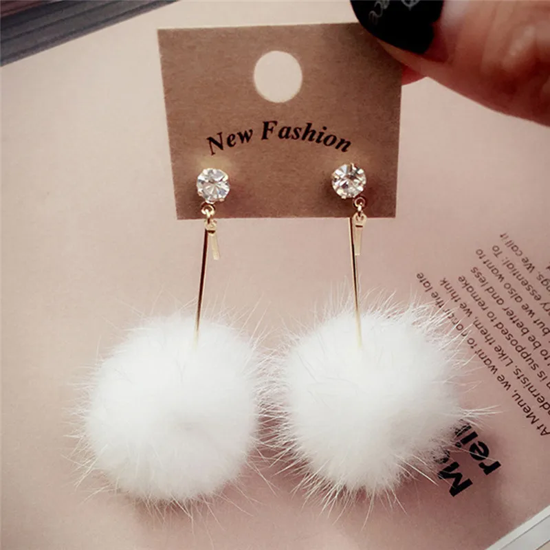

Soft Pom Pom Ear Dangle Long Drop Earrings Unique Jewelry Cute Christmas Gift Crystal Earring Rabbit Fur Ball PomPom