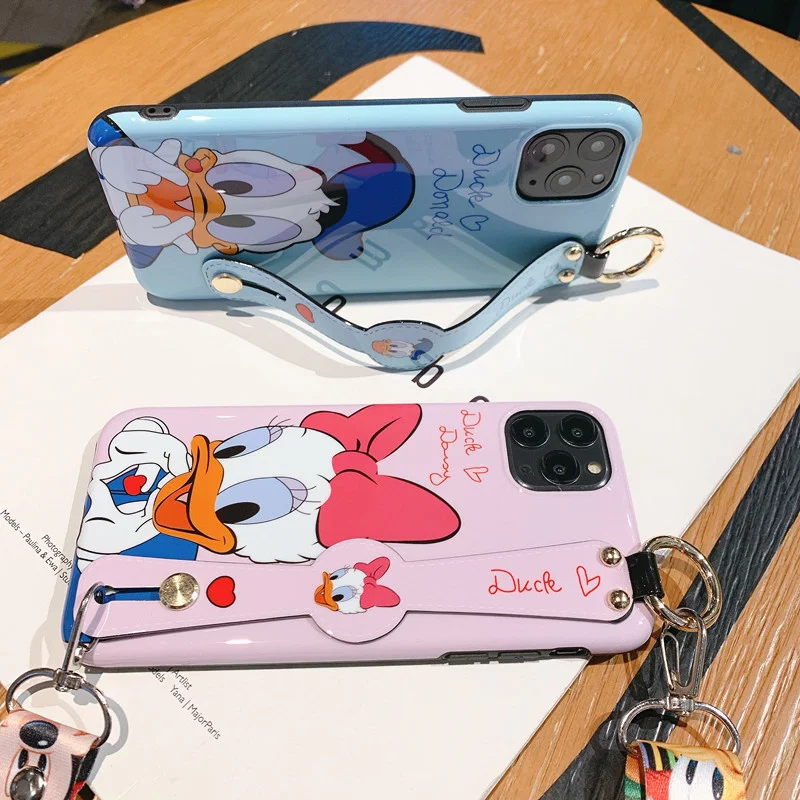 Disney Cartoon Mickey Minnie Mouse Daisy Donald Duck Wrist Strap Lanyard Phone Case For IPhone 12 Pro Max 11 7 8 Plus X XR SE XS