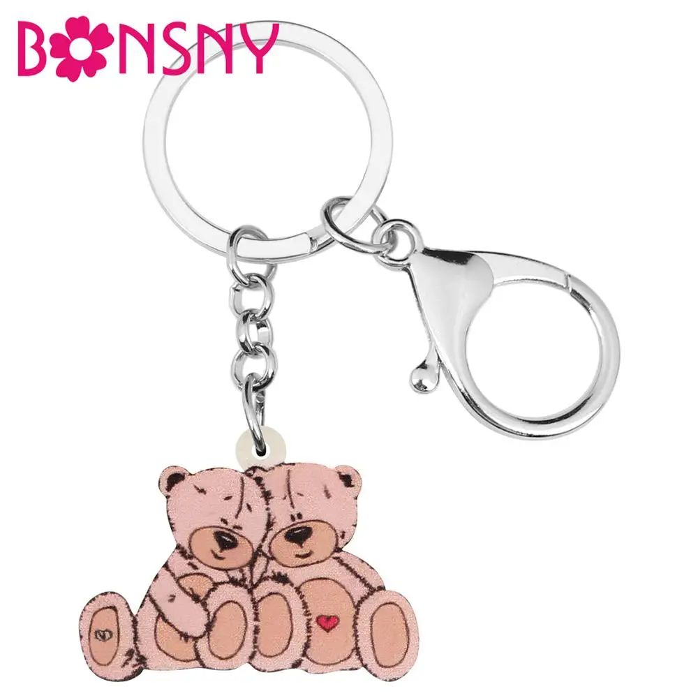Bonsny Acrylic Valentine's Day Double Lover Bear Key Chains Animal Rings For Women Girl Teen Bag Car Decorations Charms Gift | Украшения