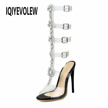 

Gladiator Sandals Women Knee High Rhinestones Transparent Buckle Crystal Flower High Heel Women Stilettos Slingback Sandals New