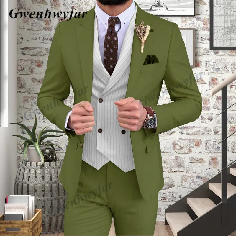 Gwenhwyfar Classic Men Suit 3 Pieces White Tuxedo Peak Lapel Groomsmen Wedding Suits Set Fashion Men Business Blazer Sets