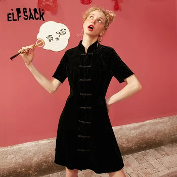 

ELFSACK Black Solid Chinese Style Single Button Velvet Midi Dress Women 2020 Spring Vintage Pure Short Sleeve Ladies Dresses