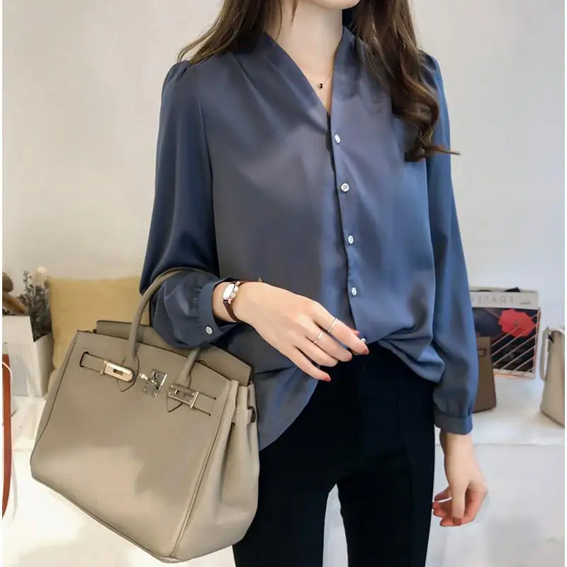 

2019 New Women V-Neck Chiffon Long Sleeves Button Blouse Chiffon Pure Color Blouse Top Shirts Casual Work