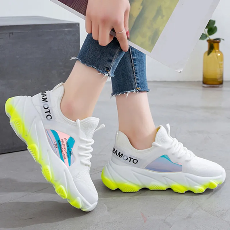 

2019 New Sneakers Women Breathable Air Mesh Pink Green Platform Shoes Ladies Summer Casual Knitting Flats Shoes Chunky Platform
