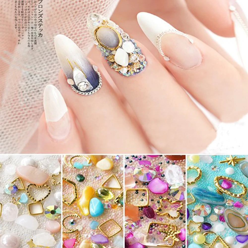 

1 Box Mixed Colorful Nail Art Rhinestones Ocean Storms Style 3D Micro-Drill Crystal Sand Shell Gold Nail Stones Decorations