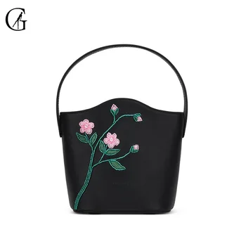 

GOXEOU Women's Handbag Chinese Style Handmade Bead Embroidery Black Cowhide Fashion Ladies Messenger Shoulder Bag