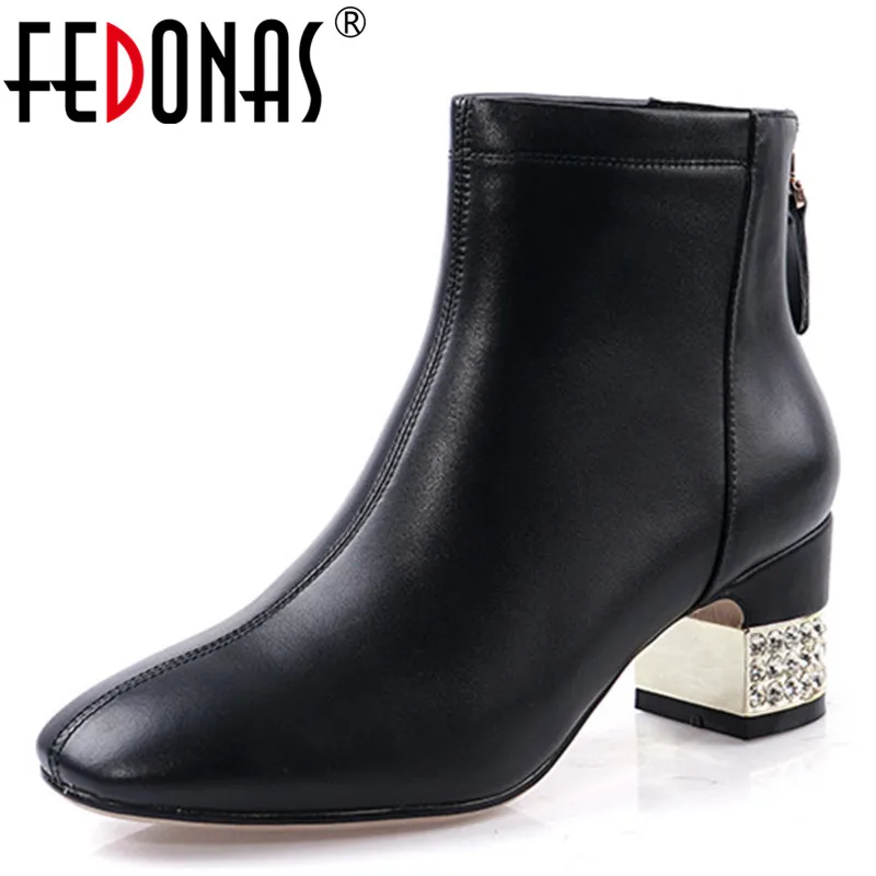 

FEDONAS Rhinestone Heels Short Boots Women Autumn Winter Basic Shoes Woman Genuine Leather Back Zipper Square Toe Ankle Boots