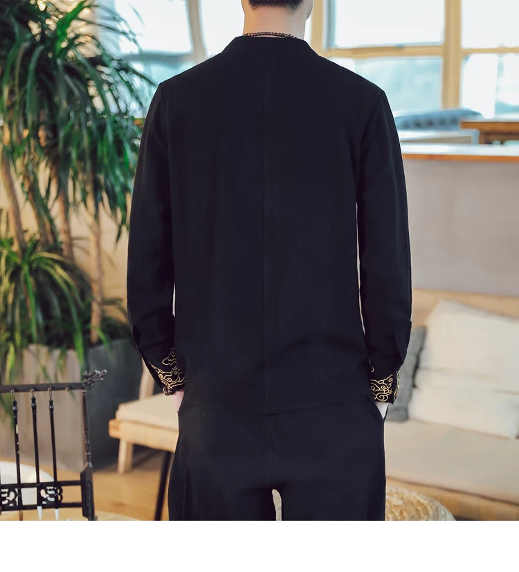 Sinicism магазине 2019 Для мужчин постельное белье с воротником-стойкой, свбодная рубашки Для мужчин вышивка рубашка с длинными рукавами