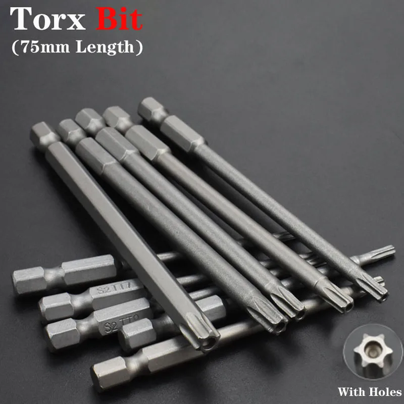 

75mm Torx Driver Screwdriver Bit Set with Hole S2 Steel Magnetic Electric Batch 1/4 Inch Hex Shank Screw Driver Kit Tool T10-T40