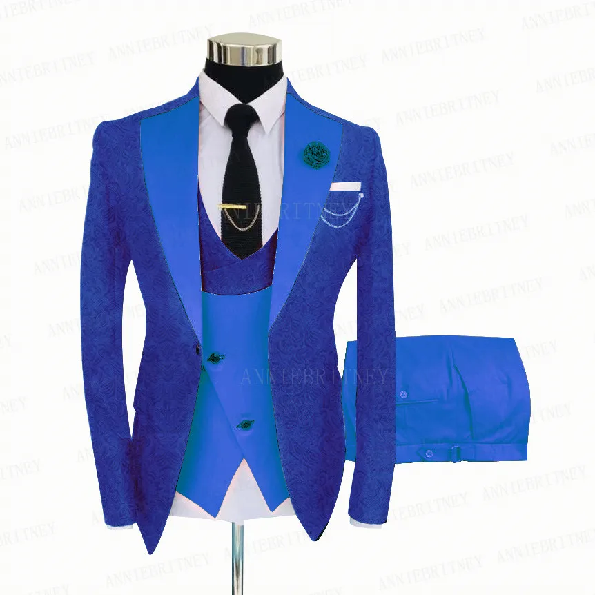Royal Blue Men 3-Piece Suit Tailored Best Man Groom Wedding Tuxedo Slim Fit Jacquard Blazer Vest Pants Set