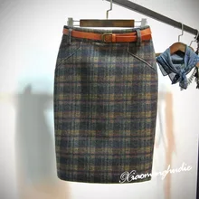 Для российских женщин, элегантный дизайн, Тонкая Клетчатая прямая юбка, повседневная, весна-осень, для фитнеса, качественная, до колена, Женская юбка с поясом