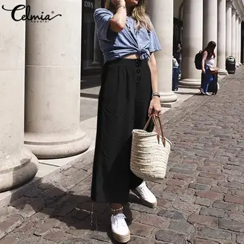 

Celmia Wide Leg Pants Vintage High Waist Women's 2020 Summer Fashion Long Palazzo Casual Loose Bottons Work Pantalon Femme 5XL