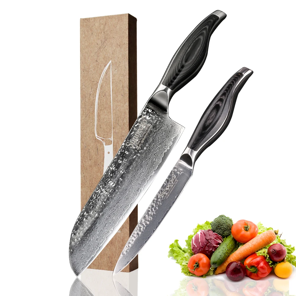 

SUNNECKO 2PCS Kitchen Knives Set 7'' Santoku 5'' Utility Knife Damascus Japanese VG10 Steel Blade Meat Cutter Knife Wood Handle