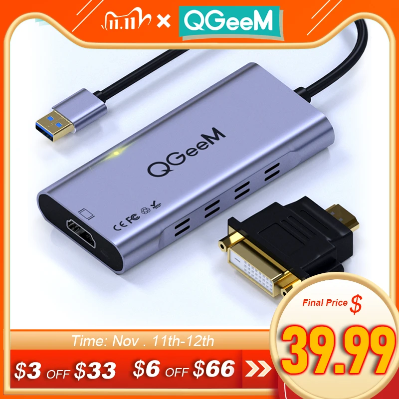 

QGeeM USB3.0 to HDMI DVI Adapter Hub for Laptop PC Computer Accessaries Projector TV USB HUB 3.0 2K 60Hz HDTV Video Converter