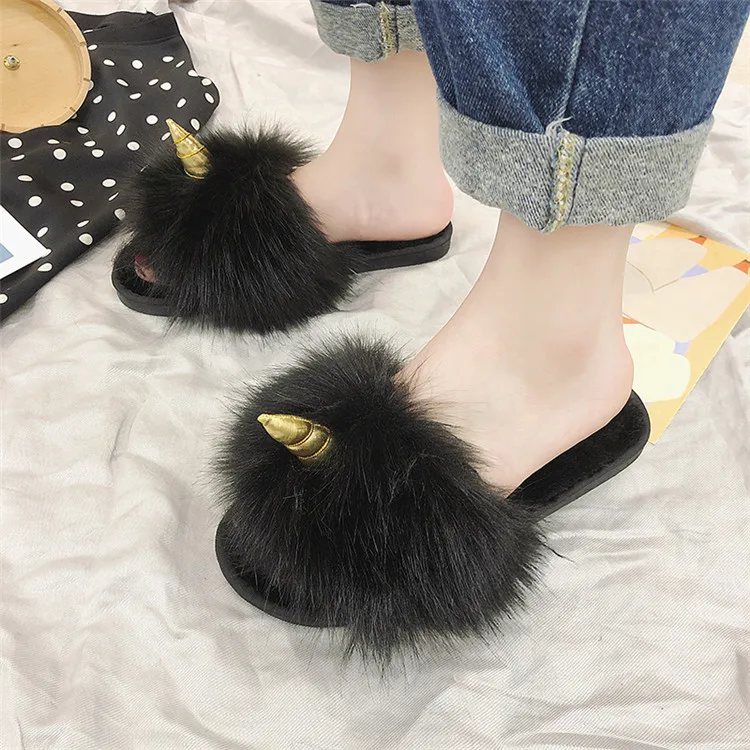 COOTELILI Winter Women Home Slippers with Faux Fur Fashion Warm Shoes Woman Slip on Flats Female Slides Black Christmas Gift