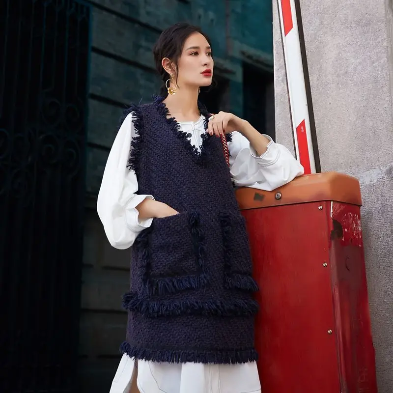 LANMREM весна и новая мода v-образный вырез сплошной цвет без рукавов бахрома сбоку длинный свитер вязаное платье женское PB606