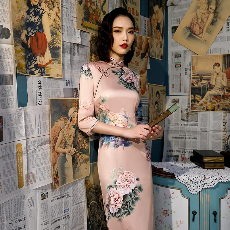 Модное длинное платье с короткими рукавами, платье Ципао, винтажное платье Ципао в китайском стиле, китайское платье, большие размеры 3XL 4XL