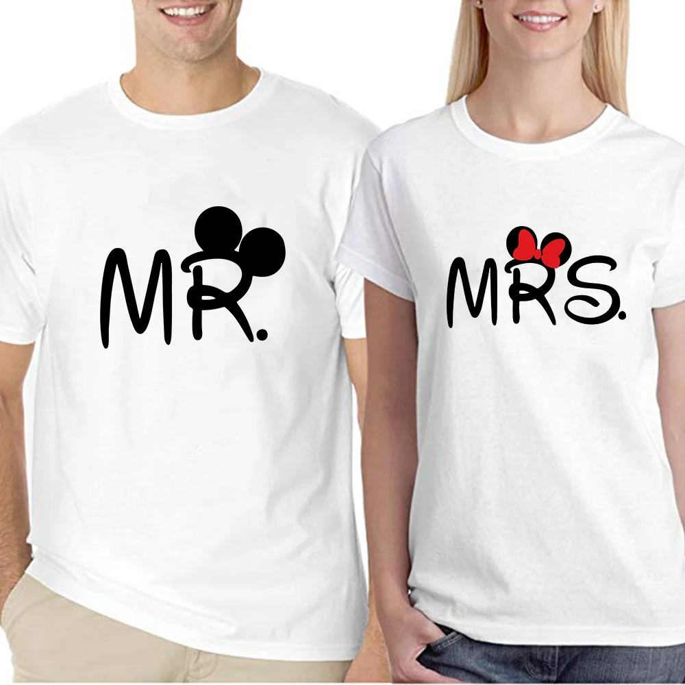 Mickey Minnie señor letras MRS par impresión T camisa manga corta cuello suelto amantes camiseta de verano Unisex Harajuku Tee camisa