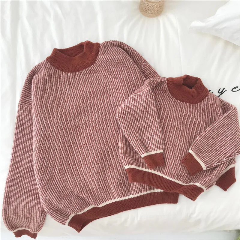 Camisola para Mãe lã de Malha Bebê Crianças Listrado Filha Filho Colorido Pulôver Topos Outono Família Roupas Combinando Mãe 6 topos outono família roupas combinando