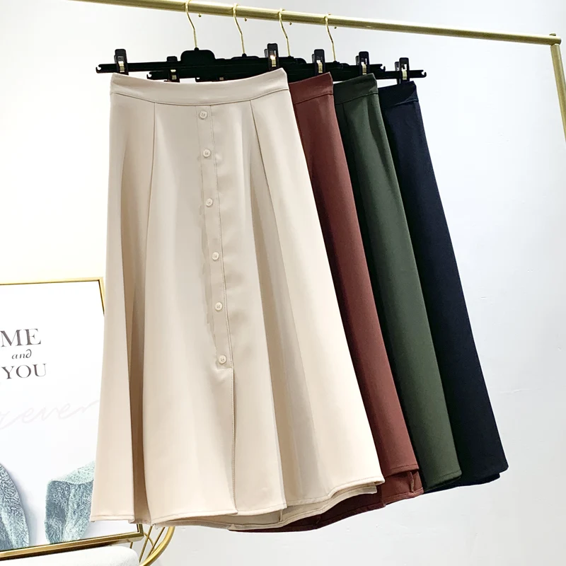 

Fashion Slim Button Faldas Solid Split Autumn Winter Midi Long Skirt Women High Waist Mid-Calf Casual Bottom Falda A-Line Skirts