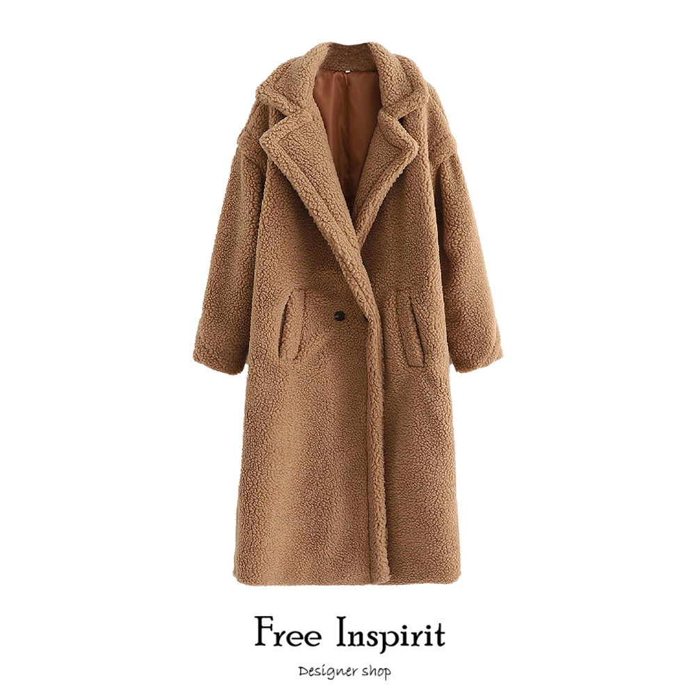 

2020 Free Inspirit New Arrival Female Wool Blends Long Loose Warm Women's Lambs Double Breasted Coat
