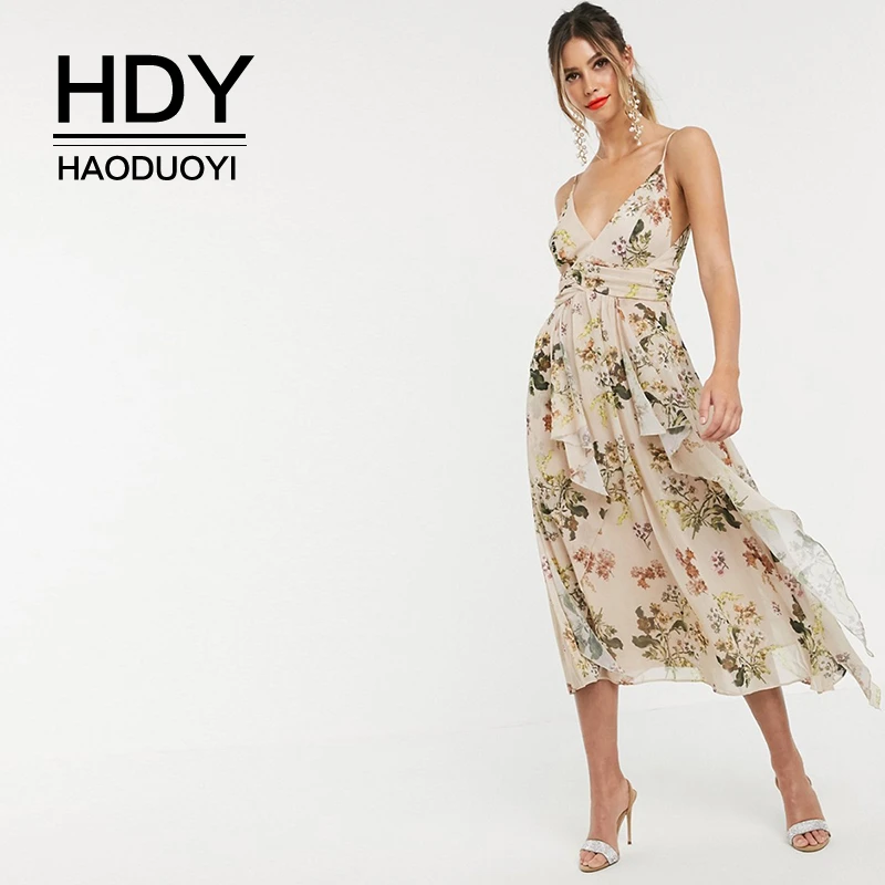 HDY Haoduoyi женское сексуальное платье с глубоким v-образным вырезом без рукавов на бретельках с цветочным принтом с открытыми плечами Летнее Длинное платье миди с цветочным принтом