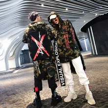 Камуфляжный Тренч для мужчин с капюшоном асимметричный подол толстые зимние куртки и пальто стимпанк ветровка, длинное пальто для пар