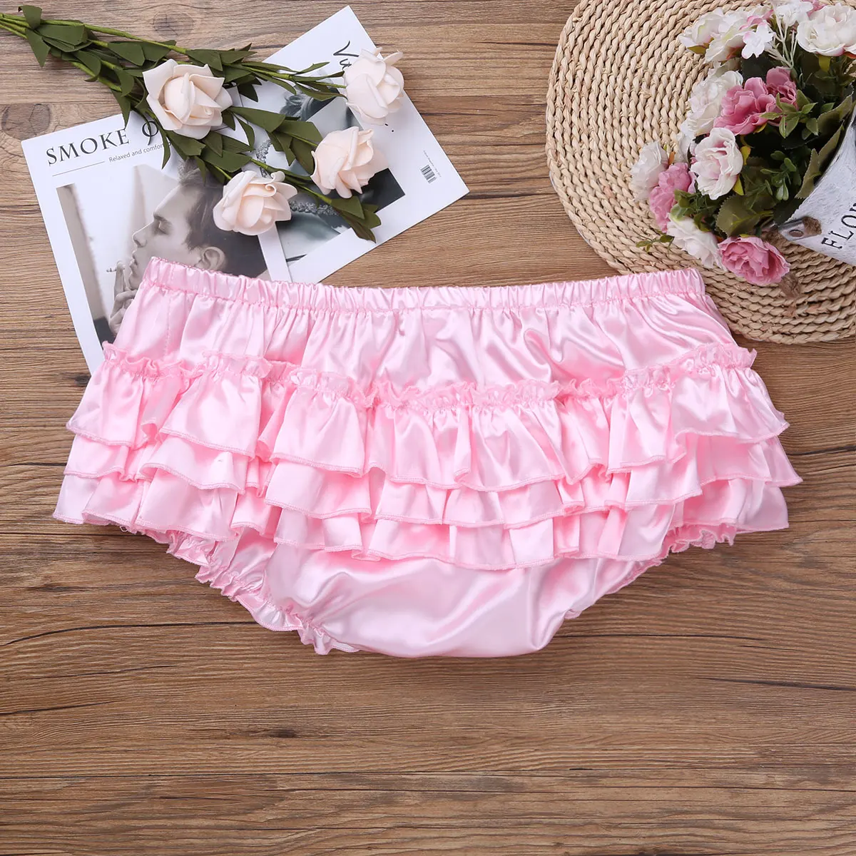 Soft Shiny Satin Ruffled Bloomers Crossdressing Men Lingerie Tiered Skirted Bikini Briefs Sissy Panties for Male Gay Underwear Mens Underwear
