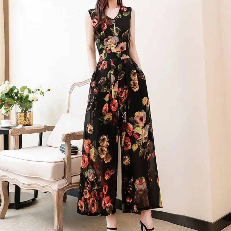 Yellow Rose Модный шифоновый комбинезон без рукавов с принтом, широкие штаны для женщин, лето, высокая талия, офисный комбинезон размера плюс 4XL, комбинезоны в стиле бохо - Цвет: Yellow Rose