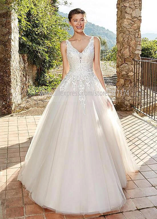 Vestido de noiva кружевное бра без рукавов с v-образным вырезом, Тюлевое свадебное платье трапециевидной формы с пуговицами, длина до пола, свадебное платье