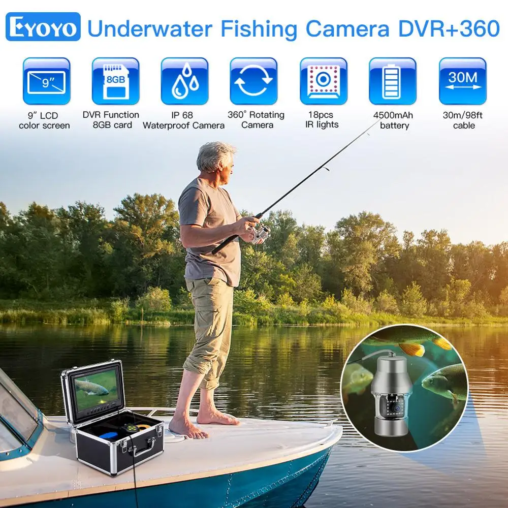 Eyoyo EF360 Fish Finder 9"DVR Recorder 30M Underwater Fishing Video Camera IP68 Waterproof 18 LEDs 360 Degree Rotating Camera