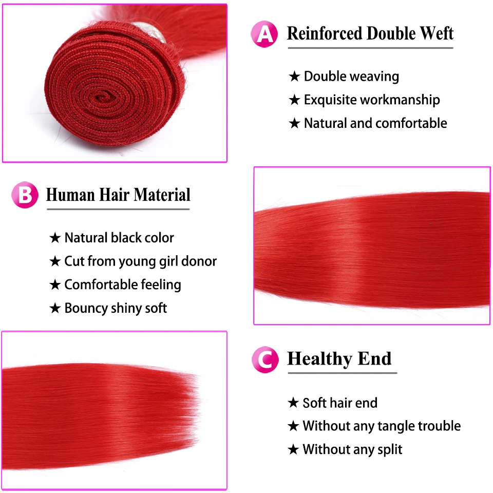 Малазийские натуральные кудрявые пучки волос с закрытием окрашенные красные прямые волосы remy 3 пряди с 4x4 шнурками для наращивания