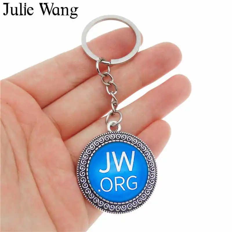 

Julie Wang JW.org Round Keychains Blue Glass Jehovah's Witnesses Cabochon Antiqe Silver Bag Keyring Fashion Jewelry