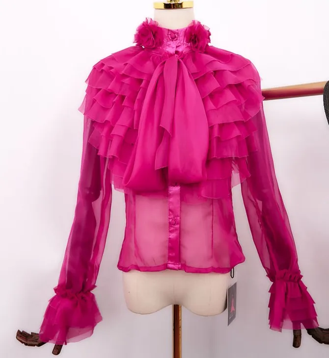 Новая весенняя женская шифоновая блузка с длинными рукавами, элегантное, со стоячим воротником, многослойные рубашки с оборками, большие размеры