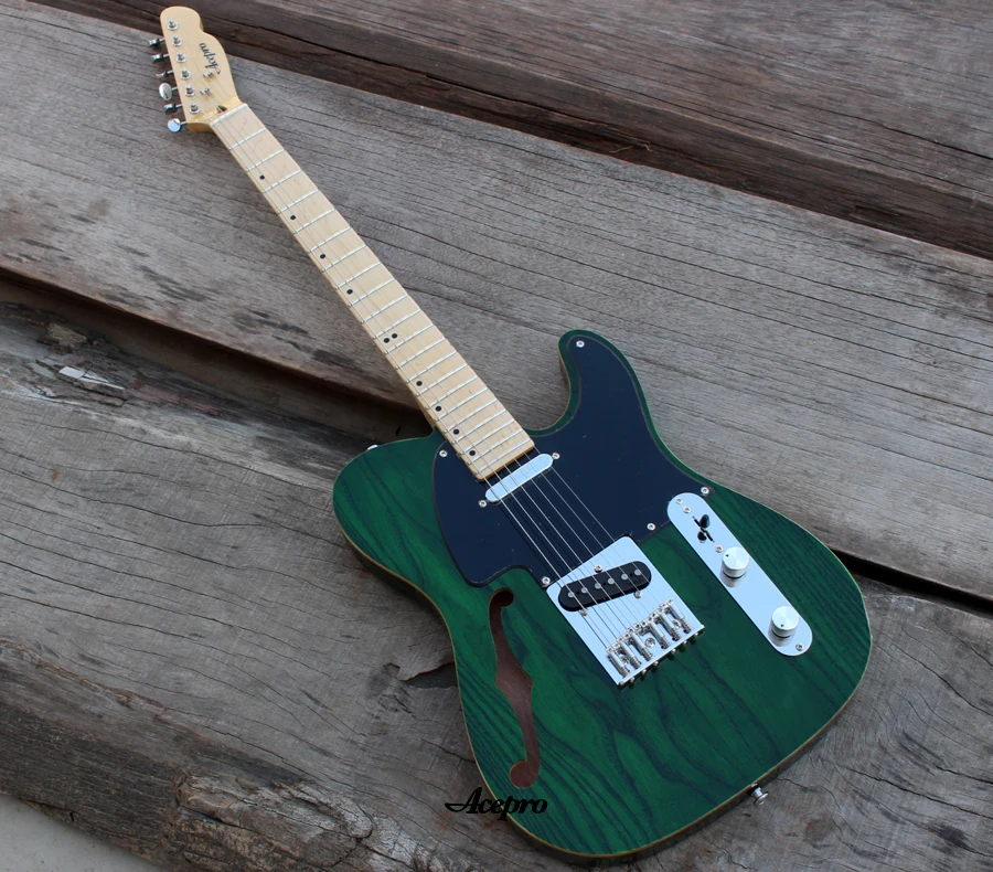 Группа Acepro F отверстие электрогитары с твердой пепельницей, высокое качество прозрачный зеленый/синий/коричневый цвет гитары ra - Цвет: Зеленый