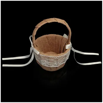 

Vintage Rustic Wedding Ceremony Hessian Burlap And Lace Flower Girl Basket