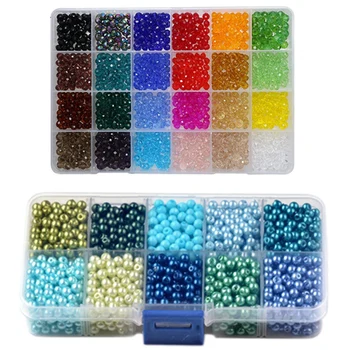 

1box 24 Colors 6mm Briolette Faceted Rondelle Crystal Glass Beads with Hole & 1400x Blue-Green Glass Pearl Beads