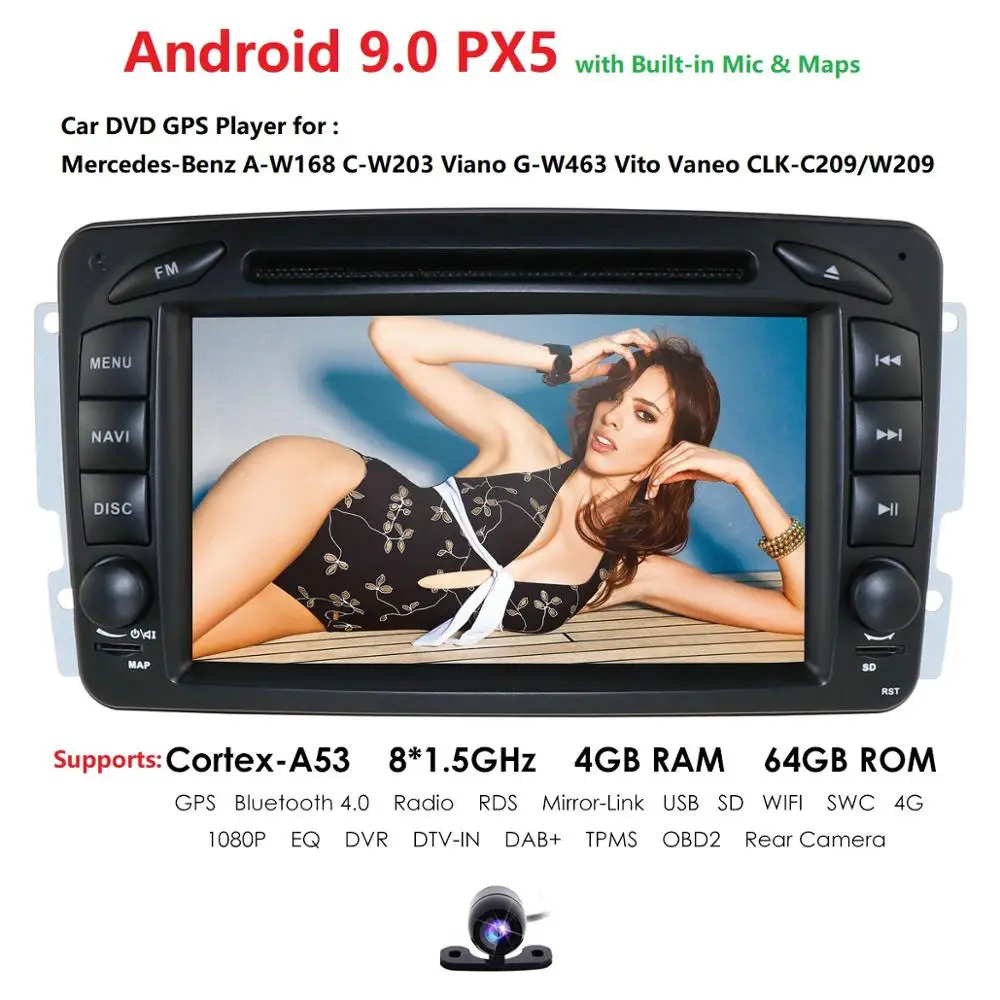 Perfect NEW!!!2DIN Android 9.0PX5 Octa core 4GRAM+64GROM GPS Navigation for Mercedes-Benz A-W168 C-W203Viano VitoW209Support SWC WIFI 2