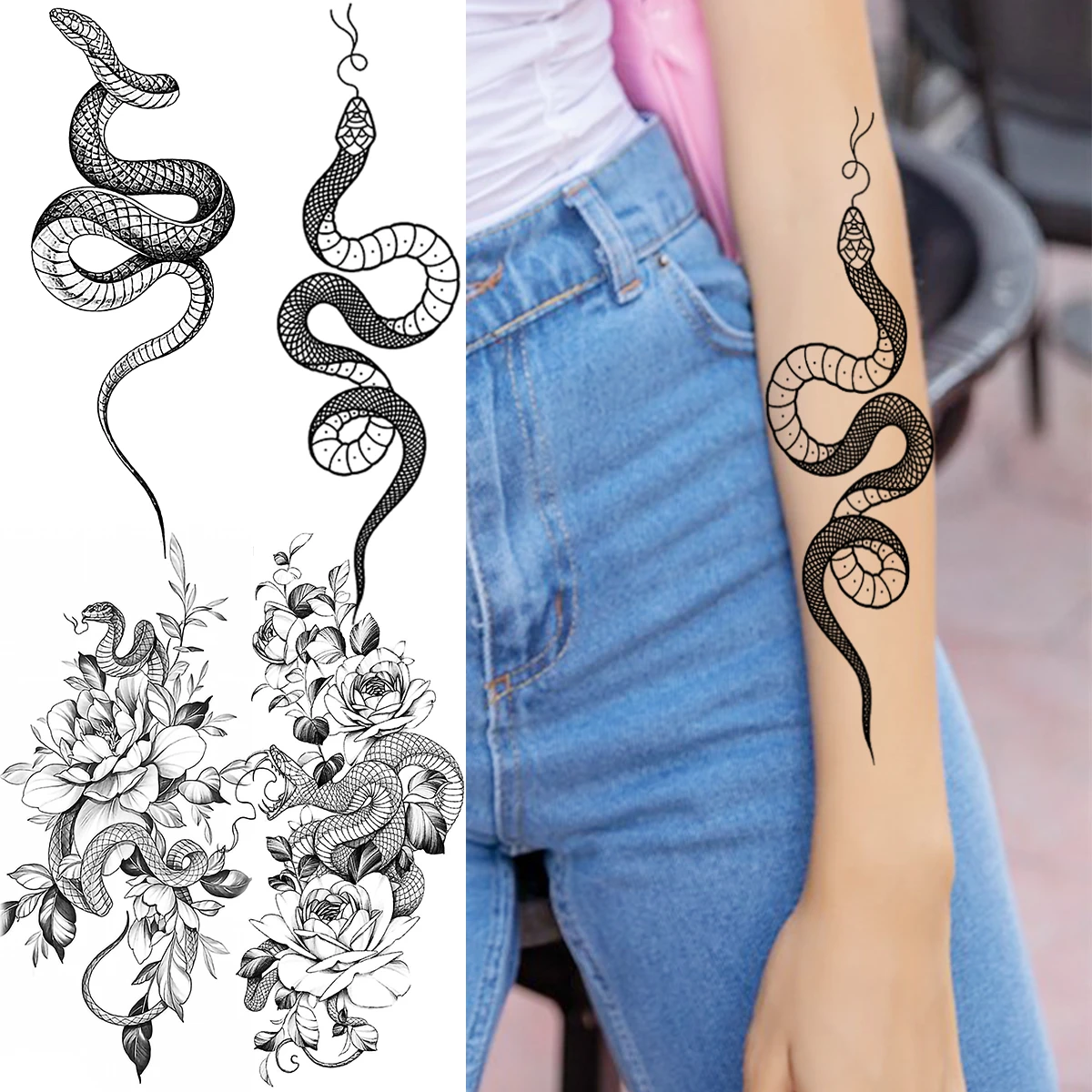 Tatouage Serpent Autour Du Bras Tatouages Temporaires Réalistes De Bras De Serpent Pour Femmes Et Hommes  Adultes, Faux Tatouage De Fleur De Pivoine De Serpent, Papier De Transfert  D'eau D'art Corporel - Temporaire Tatouages - AliExpress