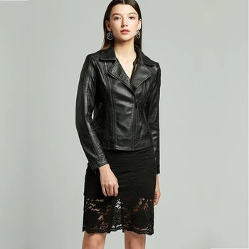 

Autumn Leather Jackets For Women Pu Faux Solid Slim Turn Down Collar Asymmetric Zipper Short Coat Motorcycle Clothing For Female