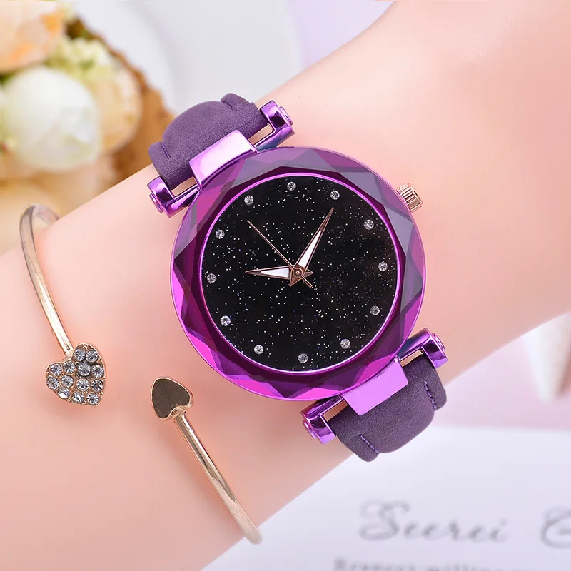 Женские часы, звездное небо, женские часы, роскошные, розовое золото, женские часы-браслет, Женские кварцевые наручные часы, reloj mujer relogio feminino - Цвет: Purple Color